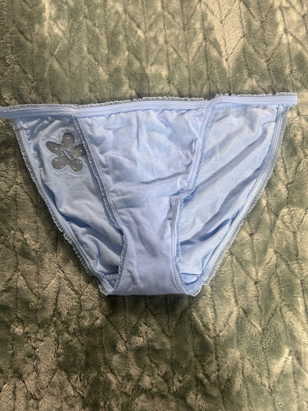 PINK Victoria's Secret Blue Cotton String Bikini Panty with Flower Mesh Accent